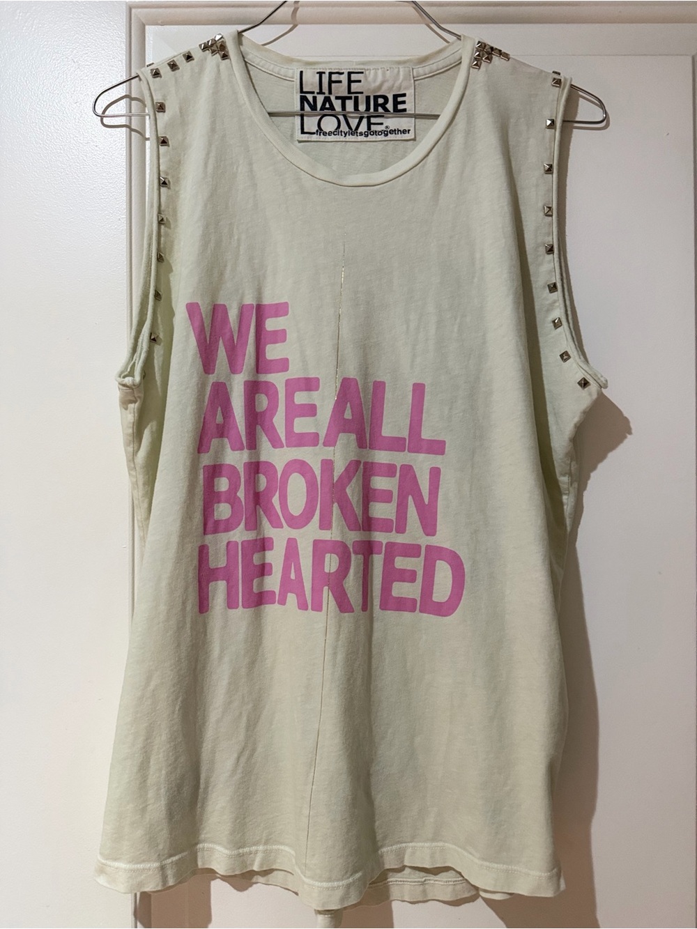 freecity White Tank with Pink 'We Are All Broken Hearted' Graphic